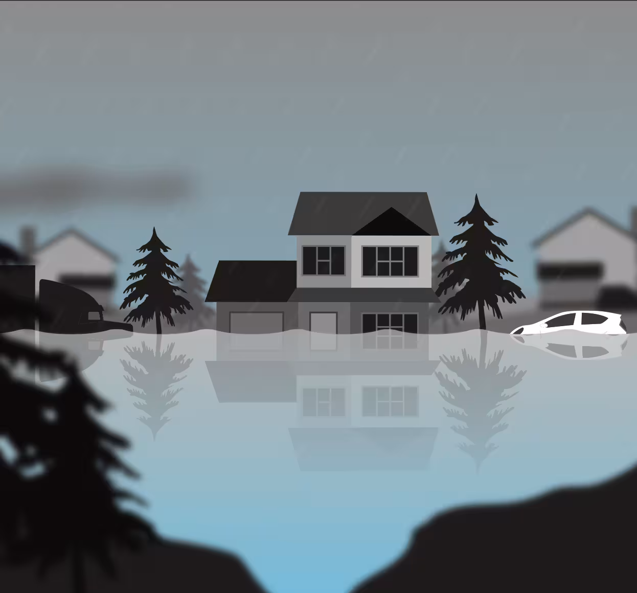 A grayscale illustration of a suburban house and cars partially submerged in floodwater during a rainstorm